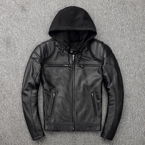 2020 Black Men Hood American Motorcycle Jacket Plus Size XXXXL Genuine Cowhide Autumn Bikers Leather Coat FREE SHIPPING