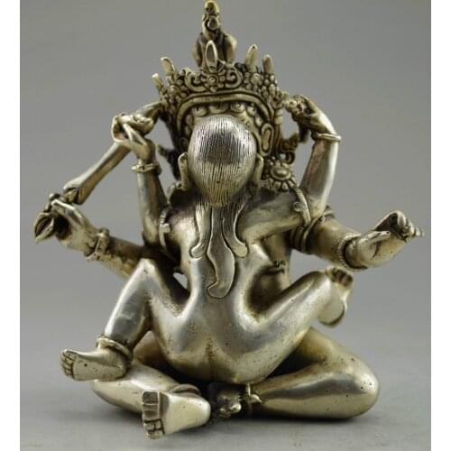 FREE Shipping Collectible Decorated Handwork Old Tibet silver Carved Buddha Make Love Statue