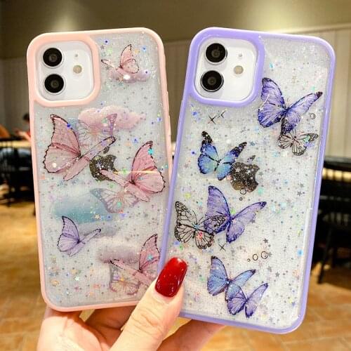Luxury Glitter butterfly Transparent Phone Case For iPhone 11 12 Pro Max XS X XR 7 8 6 6S Plus SE 2020 Mini Bumper Back Cover