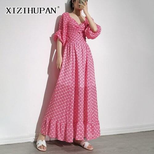 XIZIHUPAN Elegant Print Dress For Women V Neck Half Sleeve High Waist Vintage Ankle Length Dresses Female 2021 Fashion New Style
