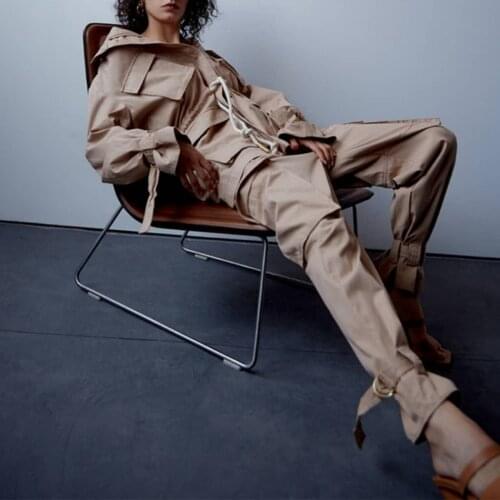 Elegant WomenS Khaki Tooling Set 2020 Autumn New Lapel Pocket Lace-Up Jacket + High-Waisted Leggings Casual 2 Two-Piece Suit