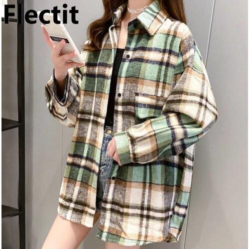 Flectit Women Flannel Plaid Jacket Laple Collar Single Breasted Mid Length Coat Fall Winter Overcoat