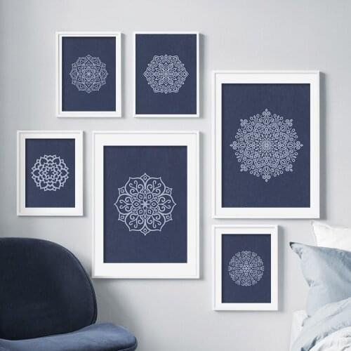 Blue Mandala Flower Pattern Wall Art Canvas Painting Zen Boho Chic Decorative Posters and Prints Ornament for Bedroom Home Decor