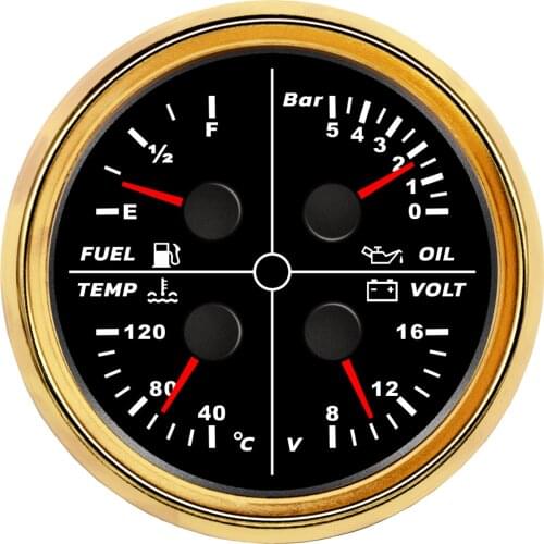 1pc 52mm 4-In-1 Fuel Level Gauges 0-19ohm 240-33ohm Water Temp 100-250 Degree Oil Pressure Gauges 0-80psi Volt Meters 8-16v