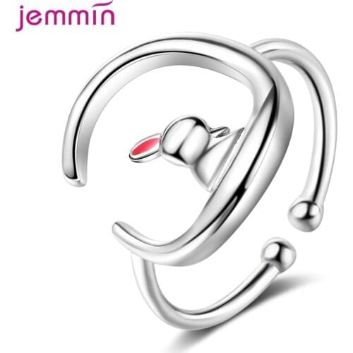 Korean Cute Rabbit on Moon Ring for Teens Girls Cocktail Party Gift Open Index Finger Ring 925 Silver Animal Jewelry Wholesale