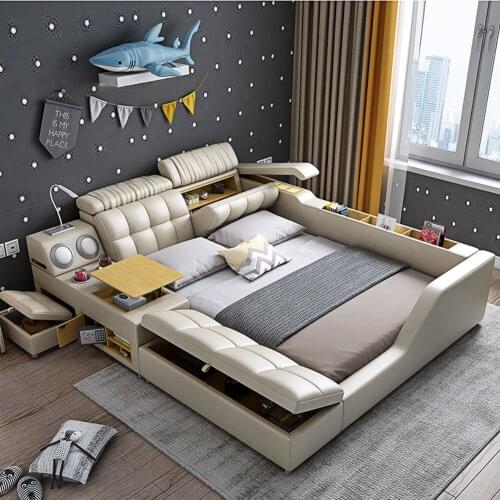 Genuine Leather multifunctional massage bed frame modern Nordic camas ultimate bed With storage LED light Bluetooth speaker safe