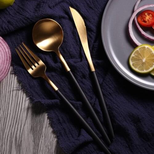JueQi Dinnerware Set Stainless Steel Plating Gold Blue Black Knife Fork Tableware Cutlery Western Food Camping Tableware Bag