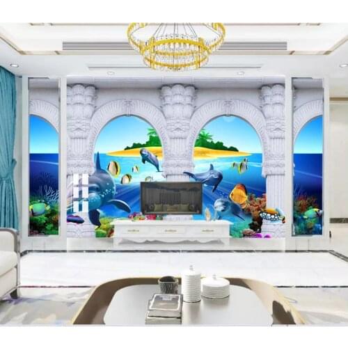 Custom wallpapers for walls 3 d murals wallpaper Mediterranean sea view cylindrical dolphin TV sofa background wall papers