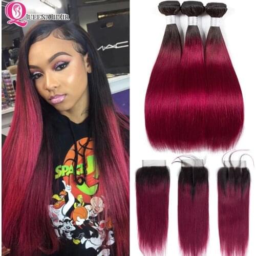 Burgundy Bundles With Closure Red Ombre Human Hair Bundles With Closure Straight Hair Bundles With Closure Peruvian 3/4 Bundles