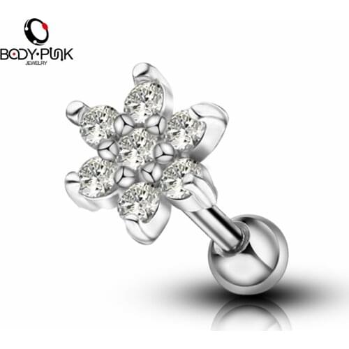 Body Punk 1 pc Body Piercing Jewelry Rose Gold With Clear CZ Flower Shape Cartilage Earrings Stud Tragus Flat Earrings