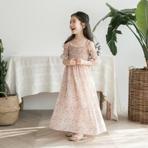Big Girl Boho O Neck Strapless Teens Long Dress Chiffon Floral Print Summer Dresses Teenage Girls Beach Vestidos 3-14Years CC840