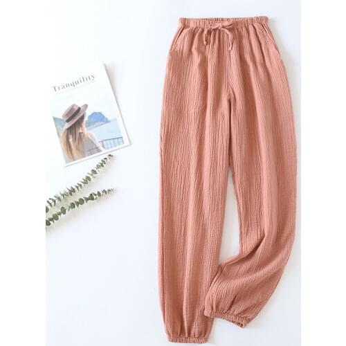 Spring and Summer Women Loose Sleep Bottoms 100% Cotton Solid Casual Pants Elastic Waist Casual Sleepwear Crepe Lounge Wear