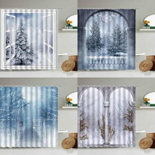 Snow Shower Curtain Winter Forest Pine Tree Natural Landscape Arch Door Window View Bathroom Wall Waterproof Screen Home Decor