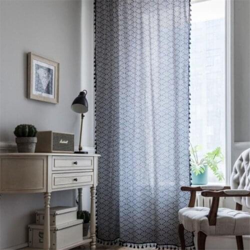 Navy blue fish scale pattern tassel blackout Curtains Cotton and Linen Fabric curtain for living room bedroom Window Home Decor
