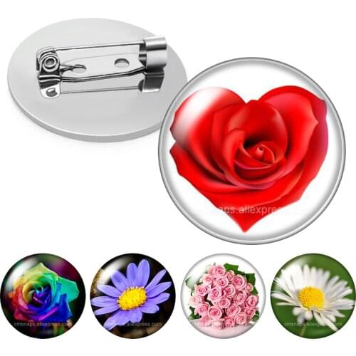 Rose Flowers Daisy Romantic Valentines Day Love tulip Glass cabochon Brooch Dome Photo Jewelry Brooches Pin Men Woman Gift