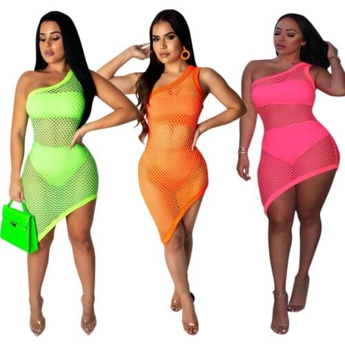 Women Sexy One Shoulder Mesh Hollow Out Nightclub Skirt Three-piece Set Solid Bodycon Sheath Mini Dress Summer Female Vestidos