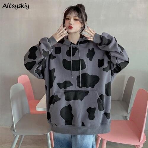 With Hat Hoodies Women Autumn Sweatshirt Lady Clothes Aesthetic Stylish Cow-print Harajuku Ins Casual Teens Long Sleeve Daily