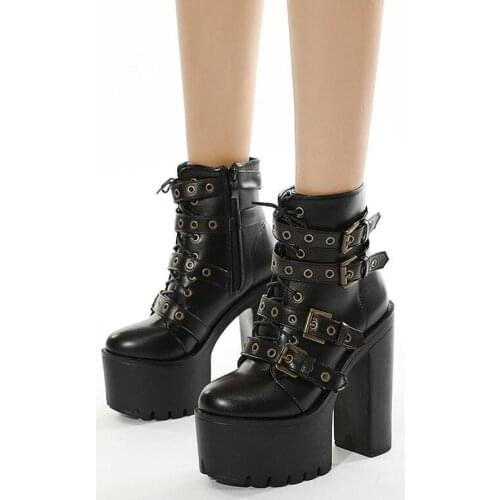 Woman Autumn Boots Chain Womens Boots Platform Microfiber Black Ankle Boots Party Chunky Punk Goth Shoes Ladies Side Zipper