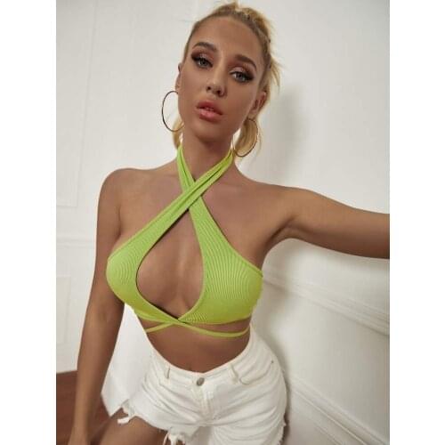 Women Solid Color Hollow Cross Halter Neck Sleeveless Backless Tied Tank Tops For Girls Summer Green Crop Tops Fashion And Sexy
