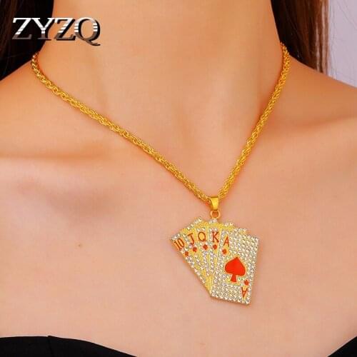 ZYZQ Punk Hip Hop Rhinestone Playing Card Pendant Necklace For Man Women Creative Design Straight Flush Clavicle Chain Jewelry