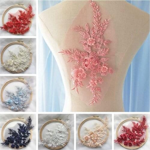 1pcs 3D Embroidery Lace Flower Bridal Headpiece Sewing Applique Pearl Beaded Tulle DIY Wedding Dress Accessories