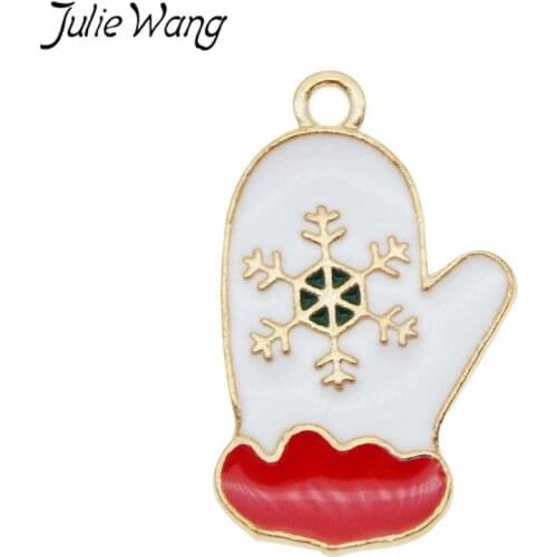 Julie Wang 10pcs Enamel Christmas Gloves Charms Snowflake Gold Tone Pendant Necklace Jewelry Making Accessory Festival Decor