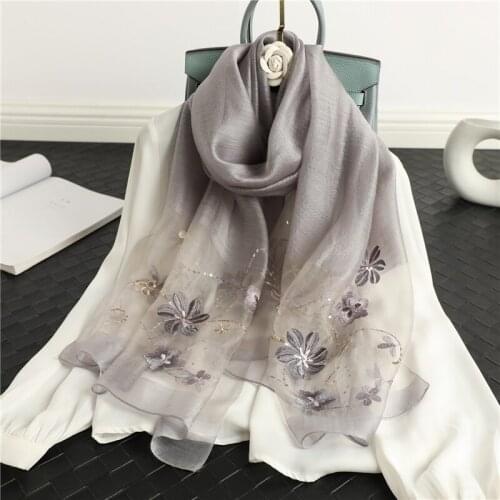 2021 Fashion Women Silk Wool Scarf Hijab Floral Embroidery Foulard Female Pashmina Spring Shawls Lady Wraps Bufanda Beach Stoles