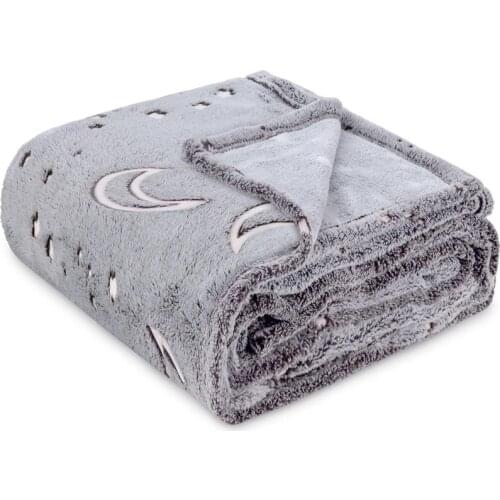 2021 Soft Fleece Blanket with Star Moon Pattern Glow in the Dark Throw Blanket for Kids Fits All Seasons Gray