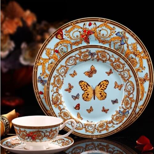 4 pcs /set Bone China Western Food Plates Coffee Cup Saucer Set Luxury Dinner Tableware Set Steak Plates Cups And Saucers Kit