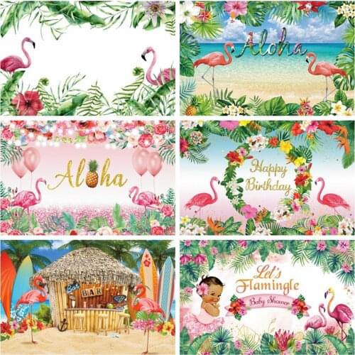 Laeacco Watercolor Pink Tropical Palms Tree Leaves Flamingo Birthday Party Baby Child Photozone Photo Background Photo Studio
