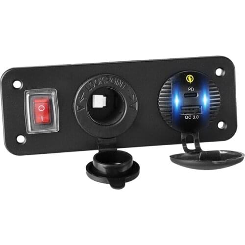 12V Car Charger Usb QC3.0 & PD Cigarette Lighter Socket Splitter Socket Panel Switch Waterproof Power Adapter Outlet for Boat