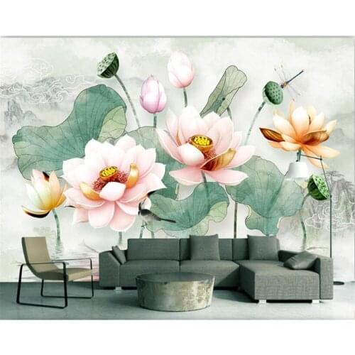 Beibehang 3D Stereo Relief Classic Aesthetic Wallpaper Lotus Fresh Watercolor Lotus Leaf Background Wall papel de parede tapety