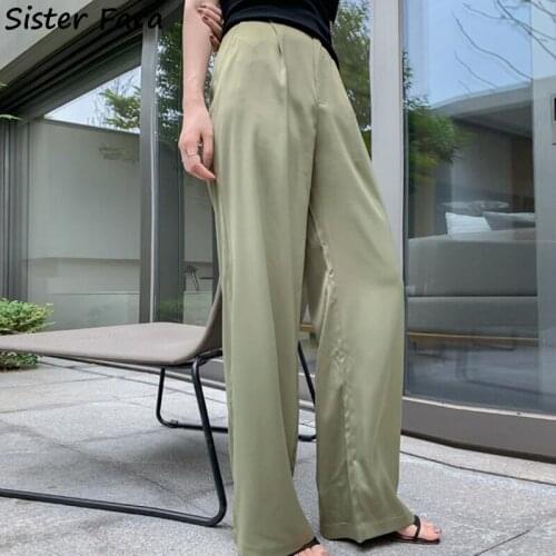 Sister Fara Summer High Waist Satin Wide Leg Pants Female Elegant Solid Casual Full Length Pants Ladies Straight Trousers Spring