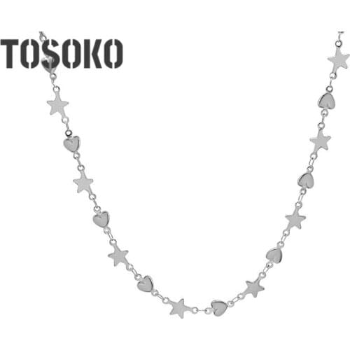 TOSOKO Stainless Steel Jewelry Handmade Tassel Five Ppointed Star Bell Heart Necklace Womens Fashion Clavicle Chain BSP991