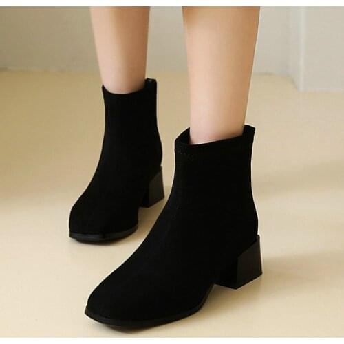 COOLULU Fashion Women Ankle Boots Mid Block Heel Boots All Match Square Toe Black Ankle Boots Women Winter Boots Size 34-43