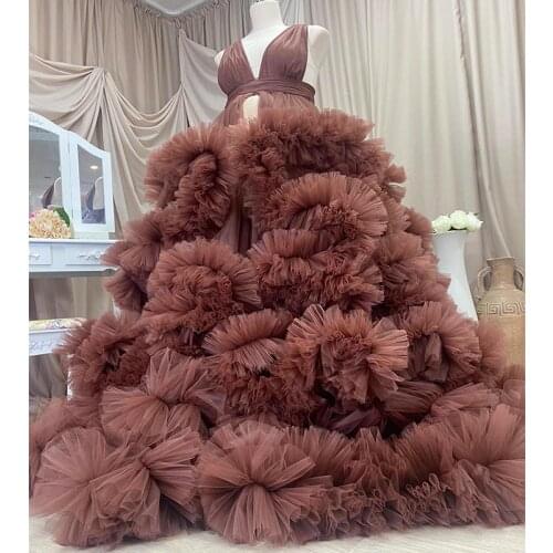 Brown Luxury Maternity Gowns for Photo Shoot Tiered Skirts Women Maternity Dresses Ruffles Prom Party Bathrobe Sleepwear
