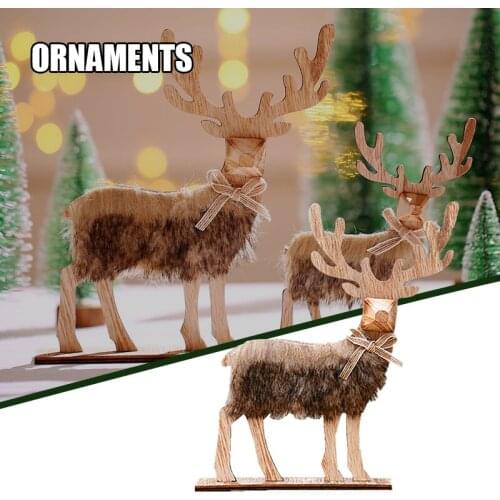 Creative Wooden Elk Stitching Ornament with Plush Christmas Home Desktop Decoration Xmas Ornaments JW