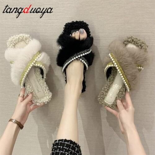 Spring autumn Fluffy Fur Slippers Shoes Woman Plush Fur Slip On Flip Flop Flat Furry Fur Slides Outdoor Sandals Woman Flats 2021