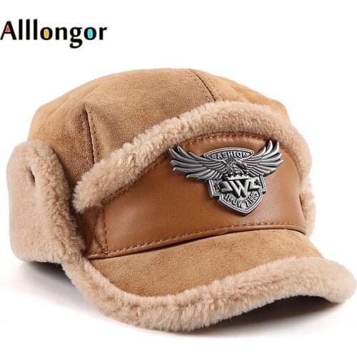 High Quality 2021 Winter Leather Hat Men Fur Lamb Wool Warm Thick Earflaps Bomber Hats Mens Baseball Cap Russian Hat