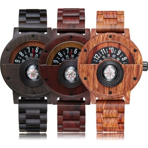 New Unique Compass Turntable Number Dial Solid Wooden Watch Men Brown Wood Band Creative Natural Wood Wrist Watches Relogio