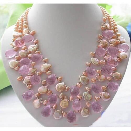 Wholesale Real Pearl Necklace New 3ROW Pink Rice Coin Freshwater Drip Crystal Beads Handmade Jewelry Charming Women Gift
