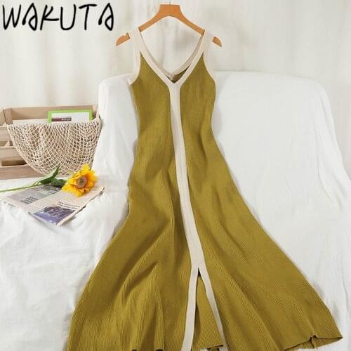 WAKUTA House of Party Dresses Women Elegant V Neck Spaghetti Strap Knit Sundress Female Sexy Bodycon Women Summer Sweater Dress