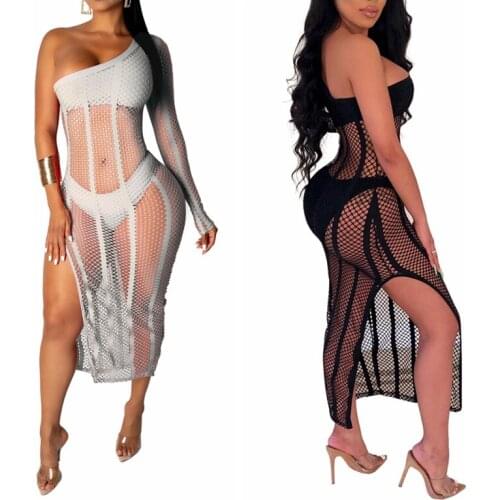 3PCS/SET Beach cover ups 2020 New One shoulder High split bikini swimsuit Bathing suit cover up beach Midi dress