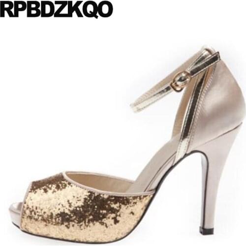 Peep Toe Ankle Strap Bling Silver Gold Wedding High Heels Pumps Big Size Shoes Stiletto Glitter Women Sandals 2018 Summer Sequin