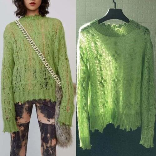 Cable Loose Mid-length Womens Sweater Pit Strip Round Neck Pullover Mohair Blend Knit Sweater