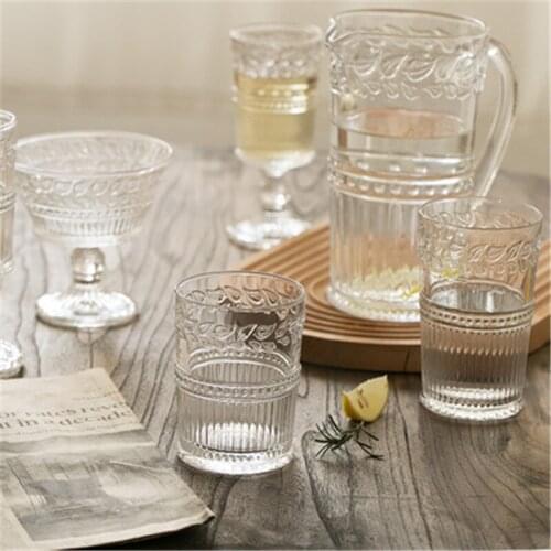 Vintage Embossed Pattern Glass Middle Ancient European Style Drink Cup Goblet Wine Glass Water Cup