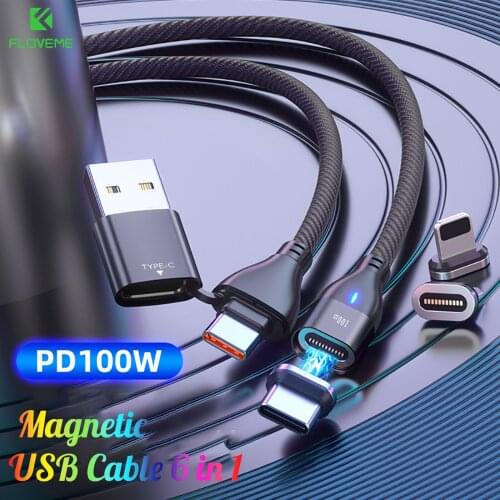 FLOVEME PD 100W 6 in 1 PD Charging Cable Magnetic Cable for iPhone Micro USB Type C Cable for iphone 12 Samsung Galaxy Z Fold3