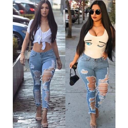 Women summer ripped jeans fashion skinny stretch jeans street hipster clothes denim pencil pants Streetwear Denim Jeans Trousers