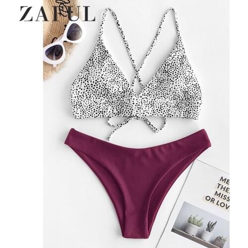ZAFUL Dalmatian Dot Crisscross Lace-Up Bikini Swimsuit Spaghetti Straps High Cut Bikini Set Women Sexy Push Up Bathing Suit 2020