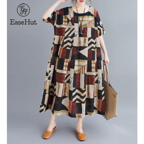 Summer Vintage Women Cotton Linen Sundress Geometric Floral Print O Neck Half Sleeve Pocket Loose Casual Baggy Dresses Vestidos